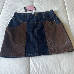 Avec Les Filles Denim and Brown Mini Skirt